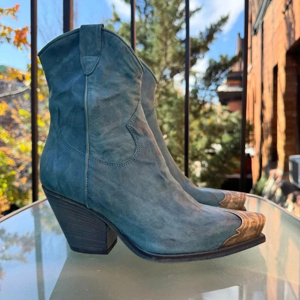 New Free People Brayden Western Leather Ankle Boots Blue 6.5 - Picture 8 of 12